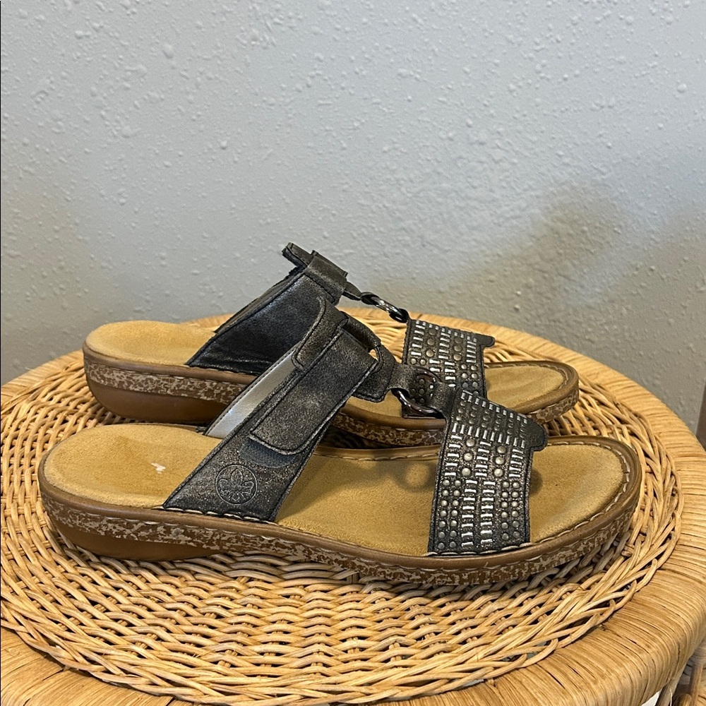 Rieker Regina Sandal Slide‎ Pewter Silver Studded